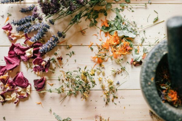 A beautiful still life of dried herbs and flowers accompanied by a mortar, perfect for natural healing themes.