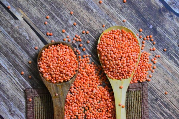 Two wooden spoons filled with red lentils